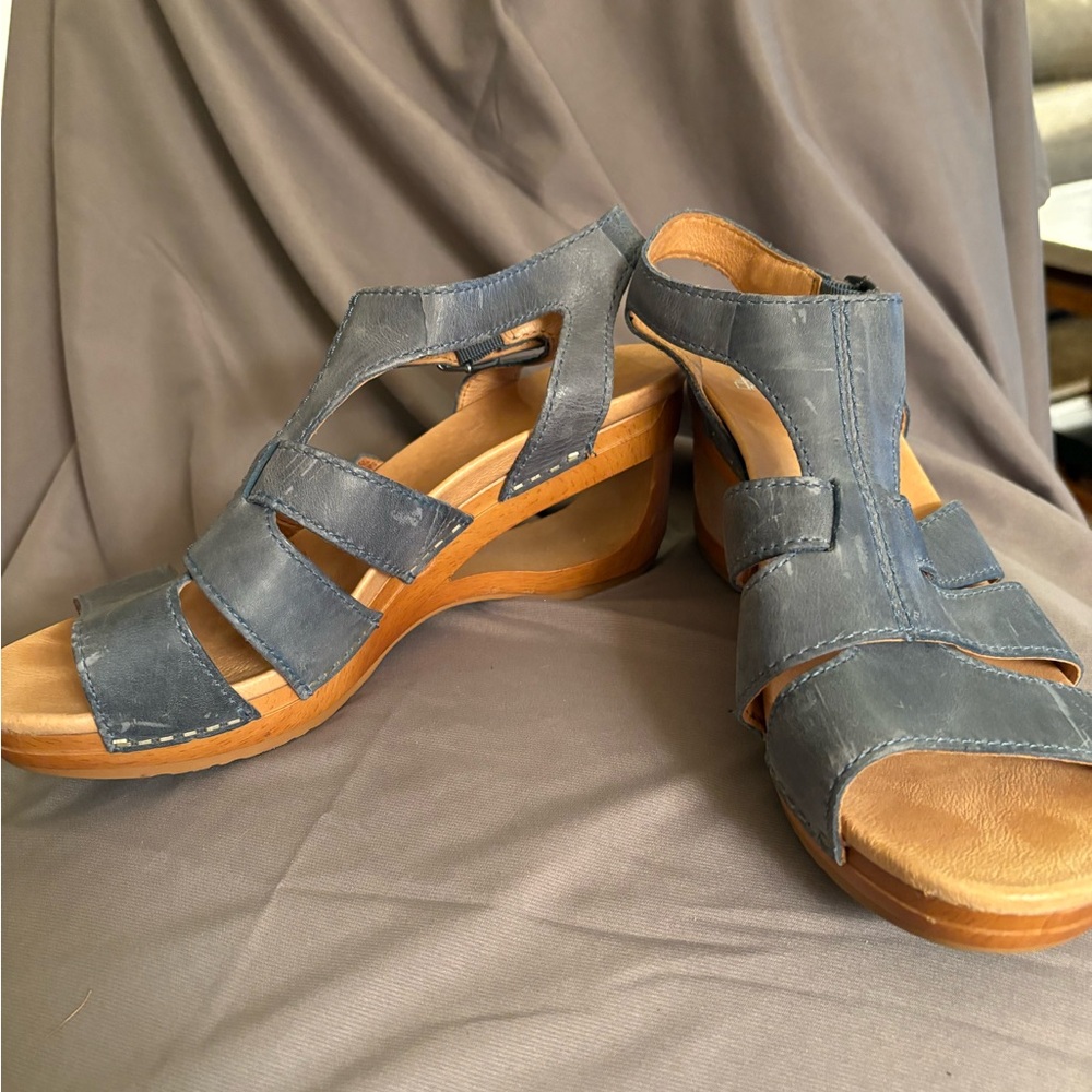Dansko Blue Leather Strappy Wedge Sandals - Picture 3 of 8